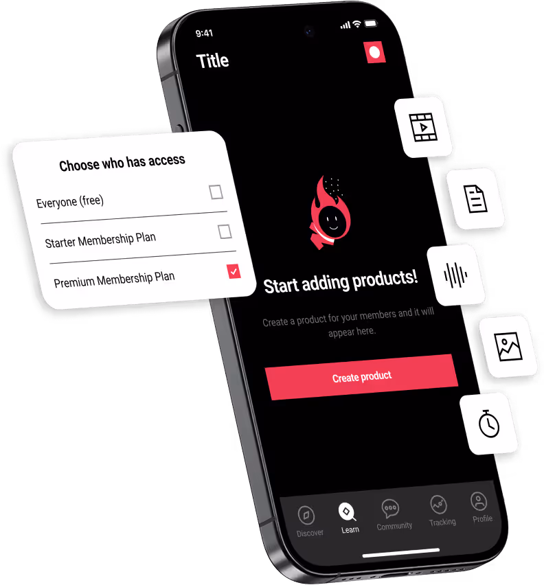 The Passion.io app builder: add products, choose access and publish from one screen