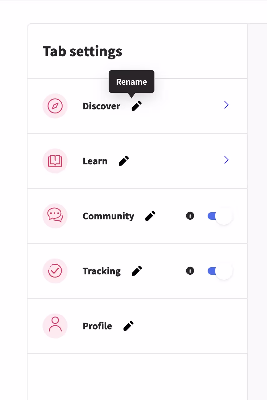 May be an image of text that says 'Tab settings Rename Discover > Learn Community Tracking Profile'